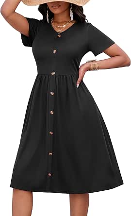 AOMONI Women's Short Sleeve Midi Dress - Flowy A-Line Sundress With Pockets, Round Neck - View #14
