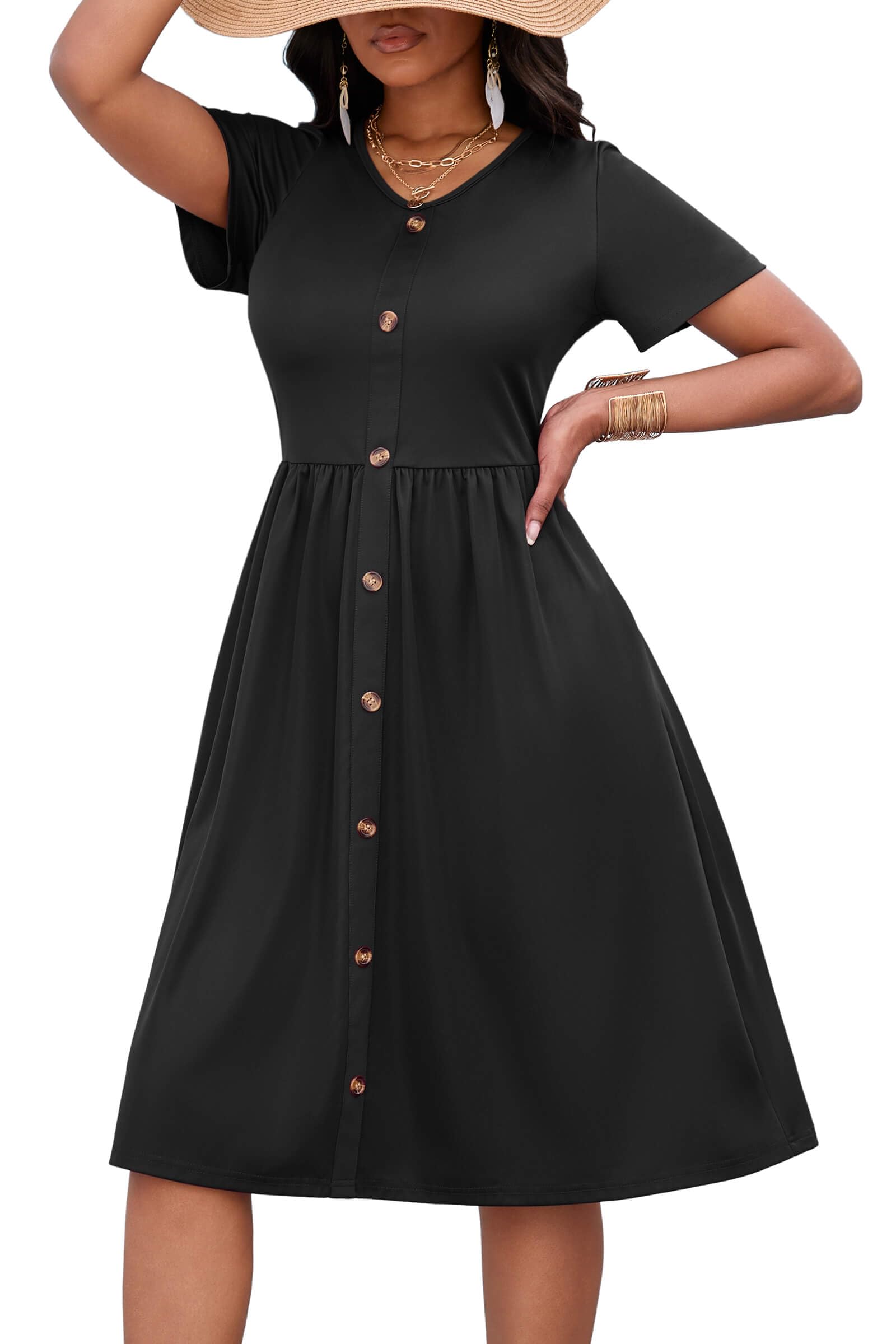 AOMONI Womens Casual Summer Dress Short Sleeves Sundresses with Pockets Button Down Knee Length A Line Midi Dresses