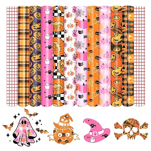 HTVSTD Halloween Permanent Adhesive Vinyl 12*10inches 10 Sheets Pumpkin Vinyl Yellow Halloween Self Adhesive Vinyl Pink Pumpkin Adhesive Vinyl for Glasses Compatible With Sillhoutte Cameo or Cricut