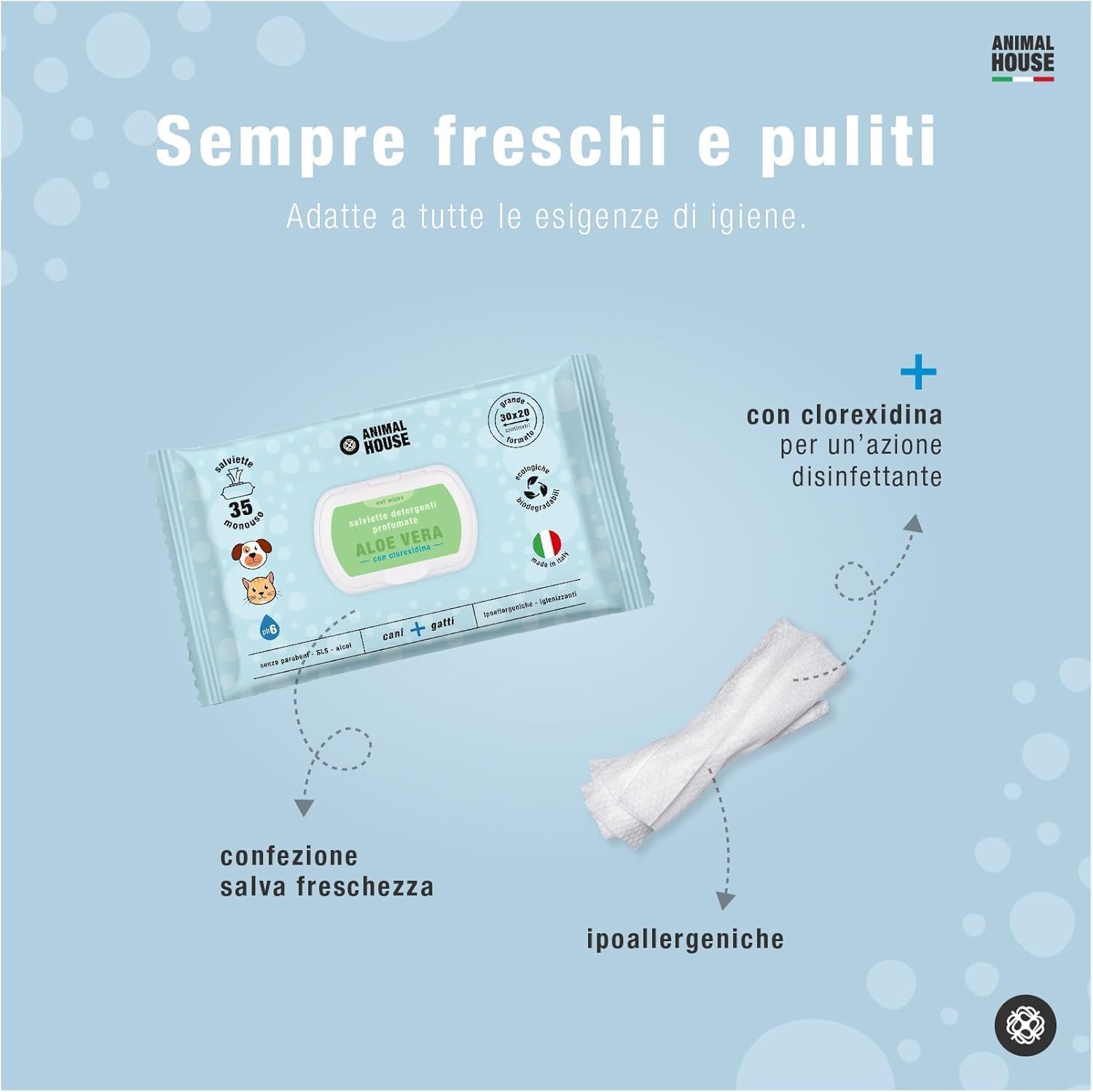 Animal House Salviette Profumate 350 PZ: Salviette Umidificate Ipoallergeniche e Biodegradabili per la Pulizia Quotidiana di Cani e Gatti (350, Aloe E CLOREXIDINA)