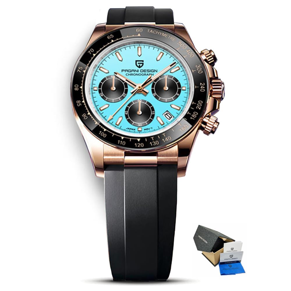 Pagani Design PD1644 Chronograph Quartz Watch with blue dial and rose gold case on a black rubber strap.