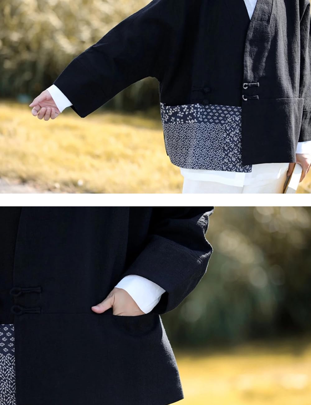 NFYM Chaqueta tipo kimono ligera para mujer, diseño de retazos, parte delantera abierta, con botones de rana, acolchado y forro de dos estilos
