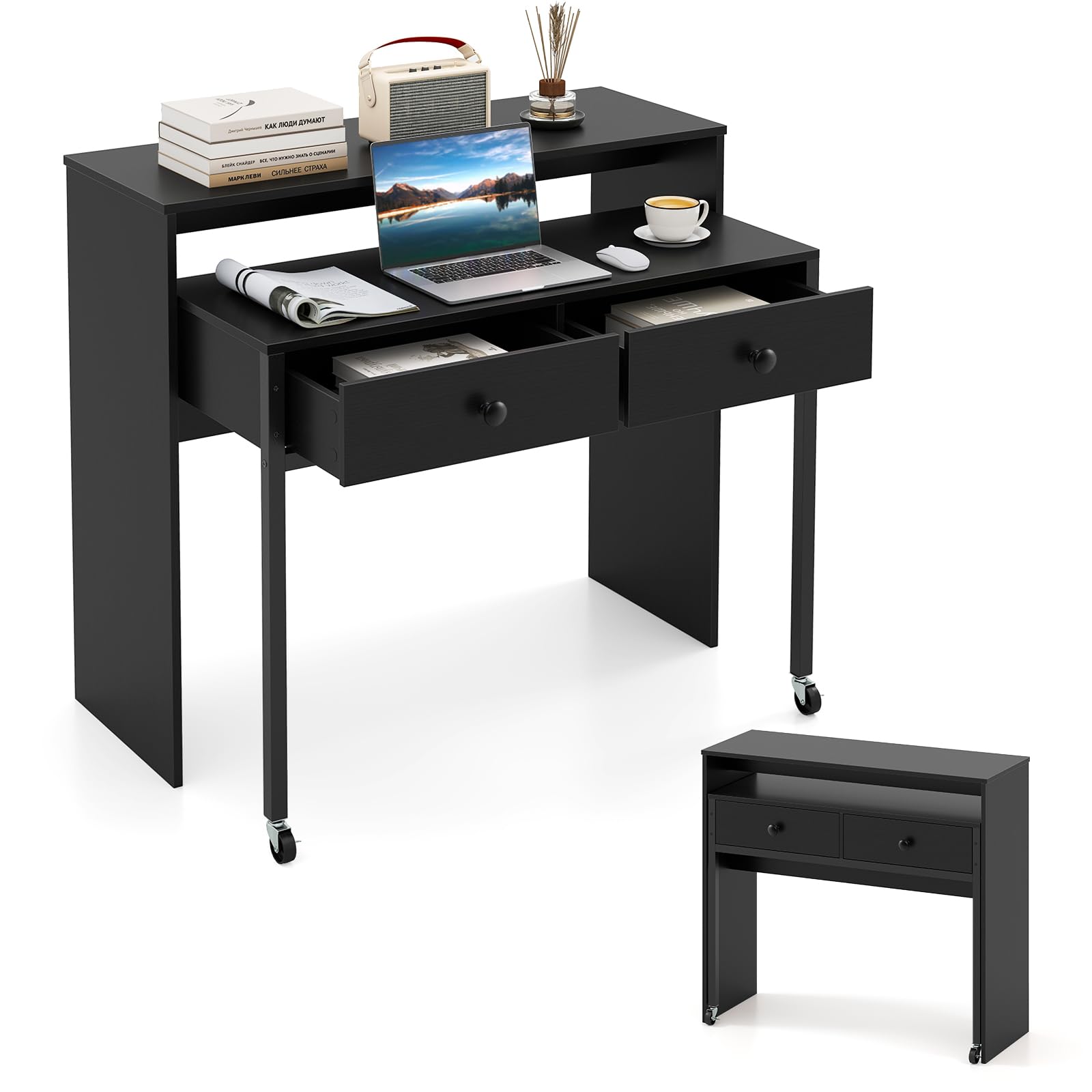 GIANTEX Escritorio de Ordenador con Tablero Extensible, 100 x 63 x 88 cm, 2 Cajones de Almacenamiento y Estante Abierto, Diseño Compacto con Ruedas, Mesa de Trabajo para Dormitorio, Oficina (Negro)