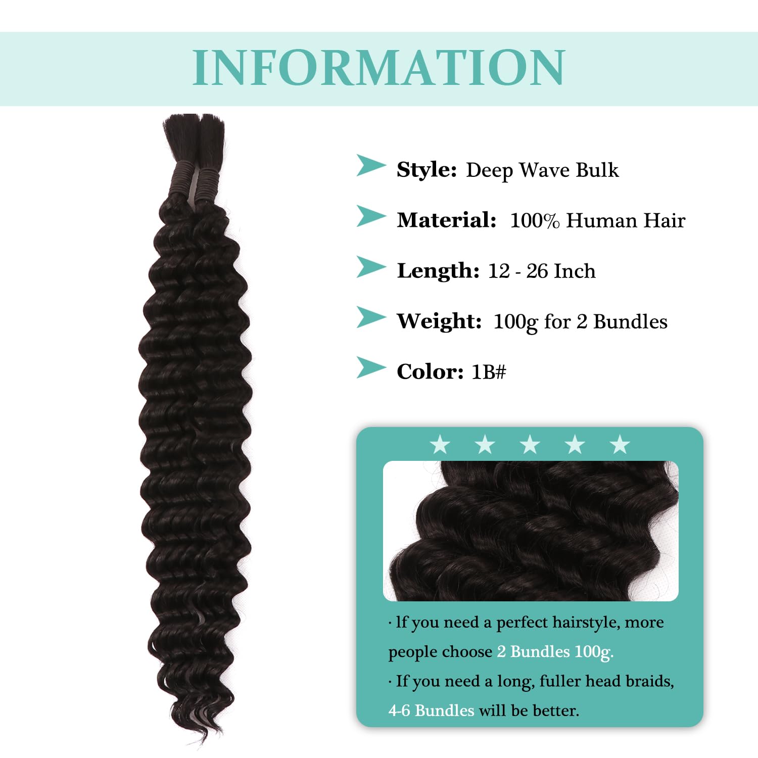 Human Braiding Hair 22 Inch Boho Braids Human Hair Extensions 100g Wet and Wavy Deep Wave For Braiding Hair Extensions for Micro Braids (1B# - Image 3