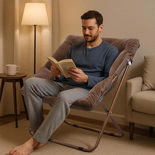 Miniatura 133 de Magshion Silla platillo plegable con otomana para adultos, cómodo asiento de lectura, asiento de piel sintética con marco de metal acolchado grueso