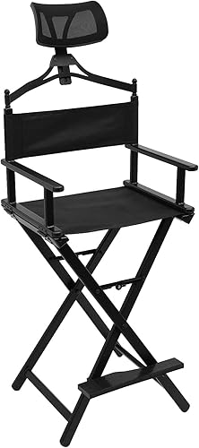 Silla de maquillaje, silla plegable portátil para directores de maquillaje con reposacabezas, silla plegable alta de aluminio negro con altura