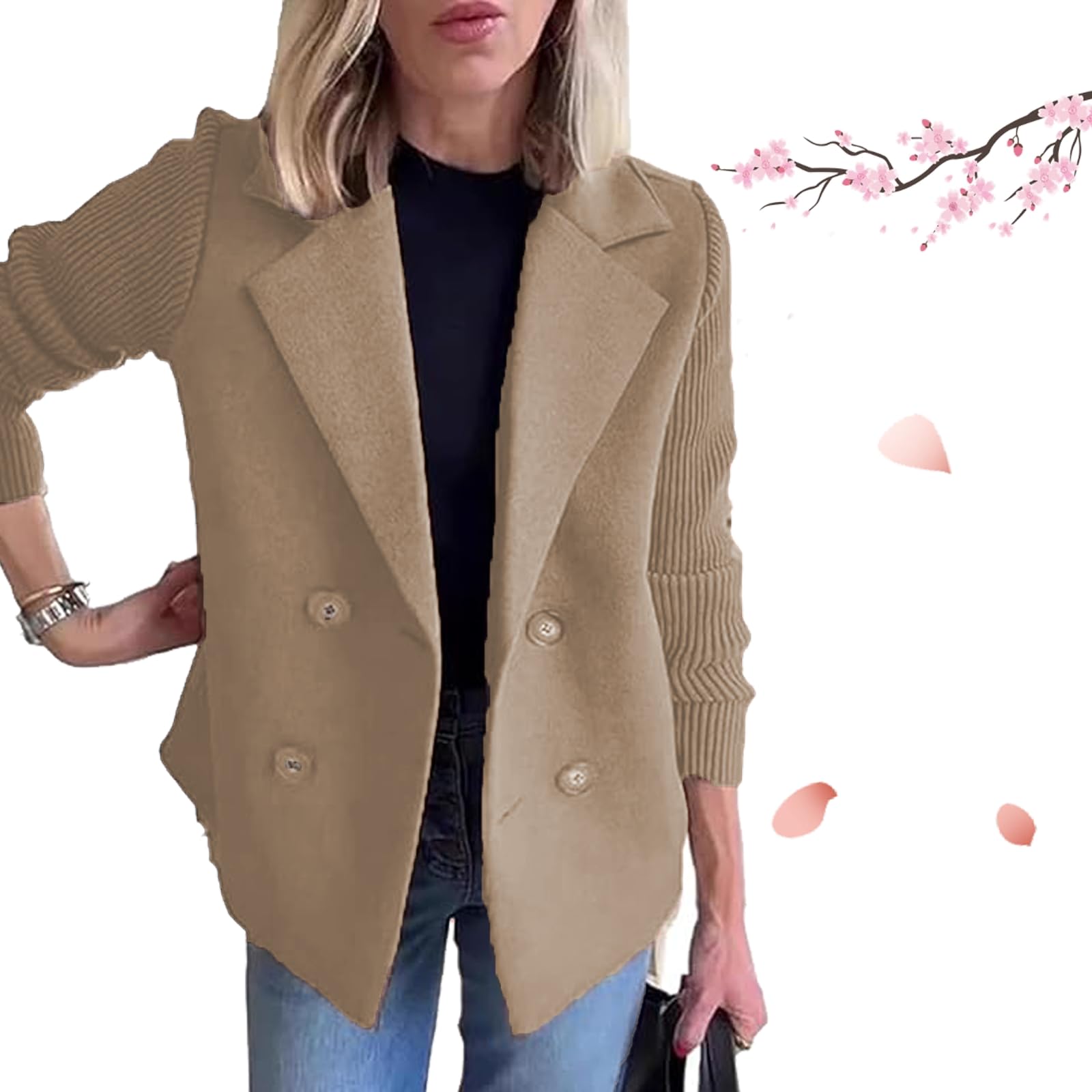 Womens Lapel Button Knitted Patchwork Sleeve Casual Coat Cropped Cropped Double Breasted Coat Sweater Blazer