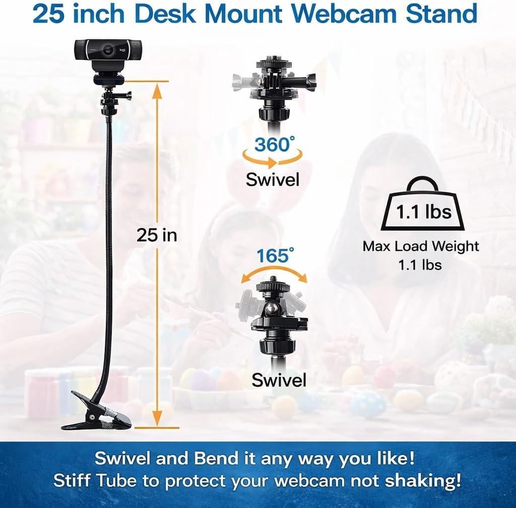 Universal 25 Inch Webcam Stand, Flexible Desk Mount Clamp Gooseneck Stand for Webcam, Camera, Microphone with 1/4" Tread