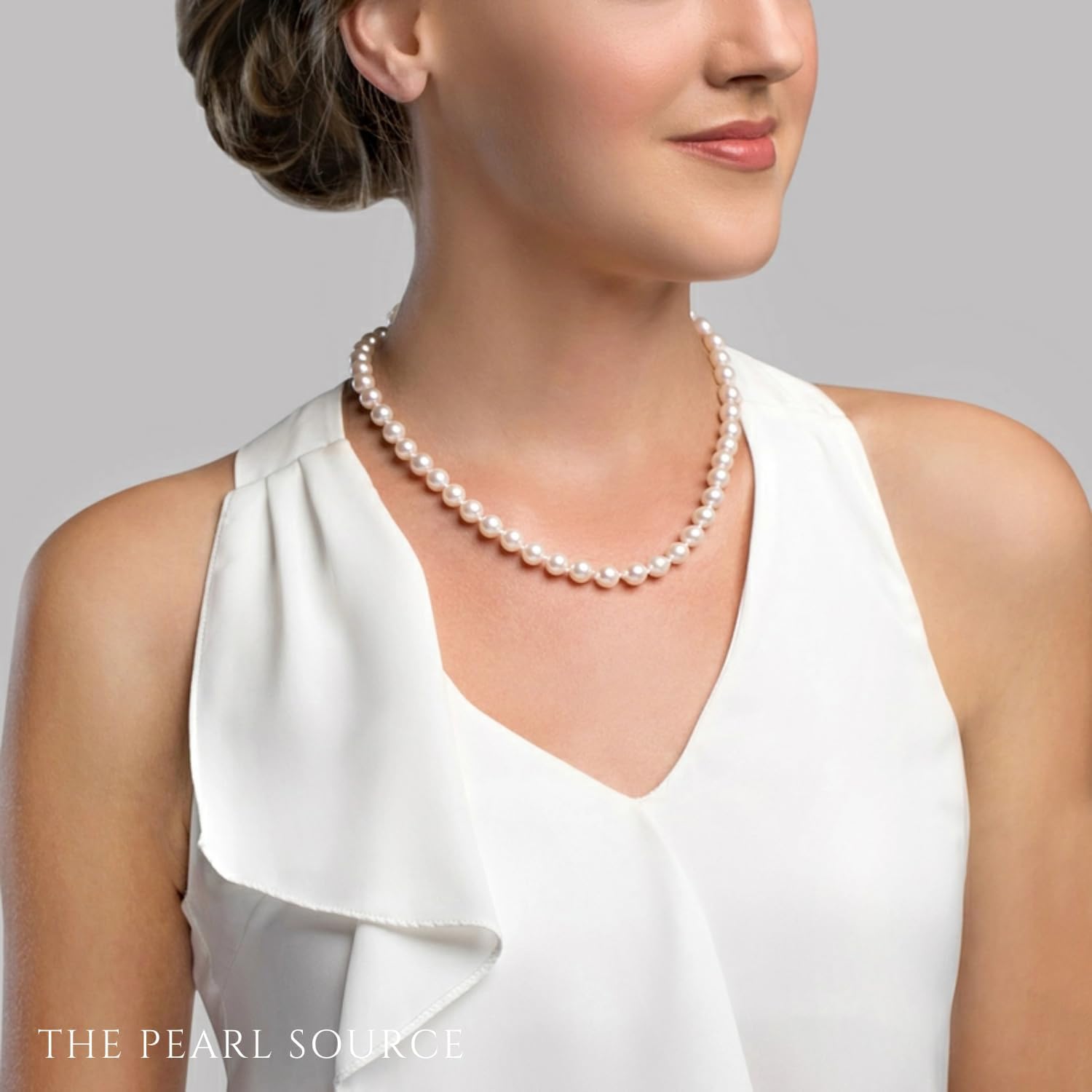 The Pearl Source 14K Gold 8.5-9.0mm Round Genuine White Japanese Akoya Saltwater Cultured Pearl Necklace in 17" Princess Length for Women Pearl Gifts for Christmas, Holidays and Anniversary