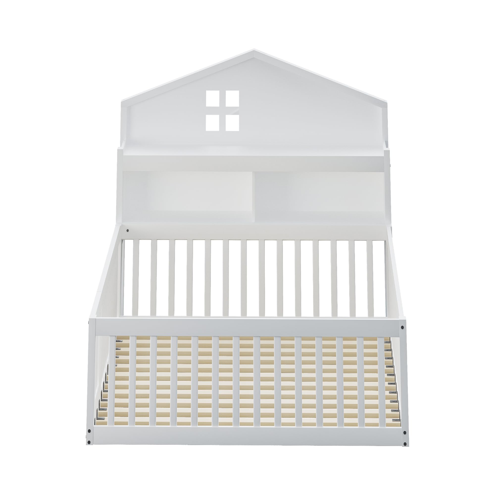 Letto per bambini 140 x 200 con Testiera Contenitore e Barra Portafoto, Montessori Letto a Terra per Bambini con Rete a doghe, Struttura Letto in Legno Massiccio, Letto Piazza e Mezza per Bambini