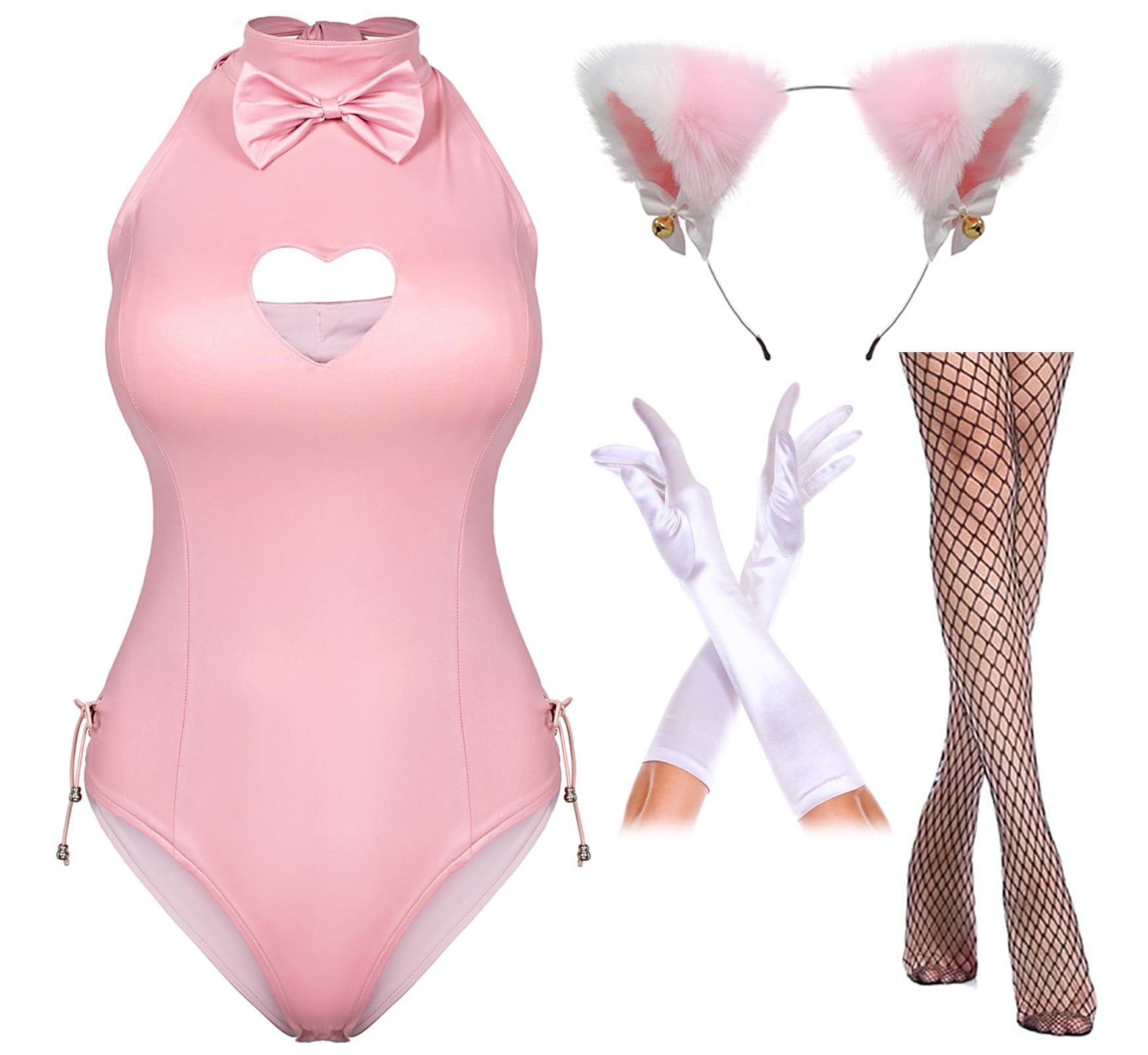 Womens Bunny Costume Girl Suit Button Crotch Romper Onesie Bodysuit Cosplay Costume Furry Cat Ear Gloves Socks set(Pink M)