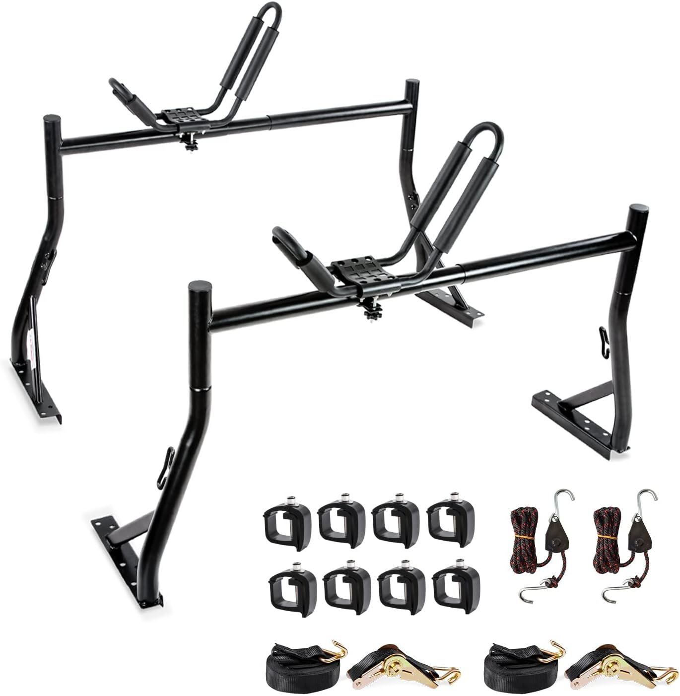 AA-Racks Model X35 Truck Rack with 8 Non-Drilling C-Clamps and Kayak J-Racks with Ratchet Lashing Straps & Ratchet Bow and Stern Tie Down Straps