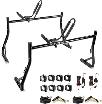 Model X35 Truck Rack with 8 Non-Drilling C-Clamps and Kayak J-Racks with Ratchet Lashing Straps & Ratchet Bow and Stern Tie Down Straps