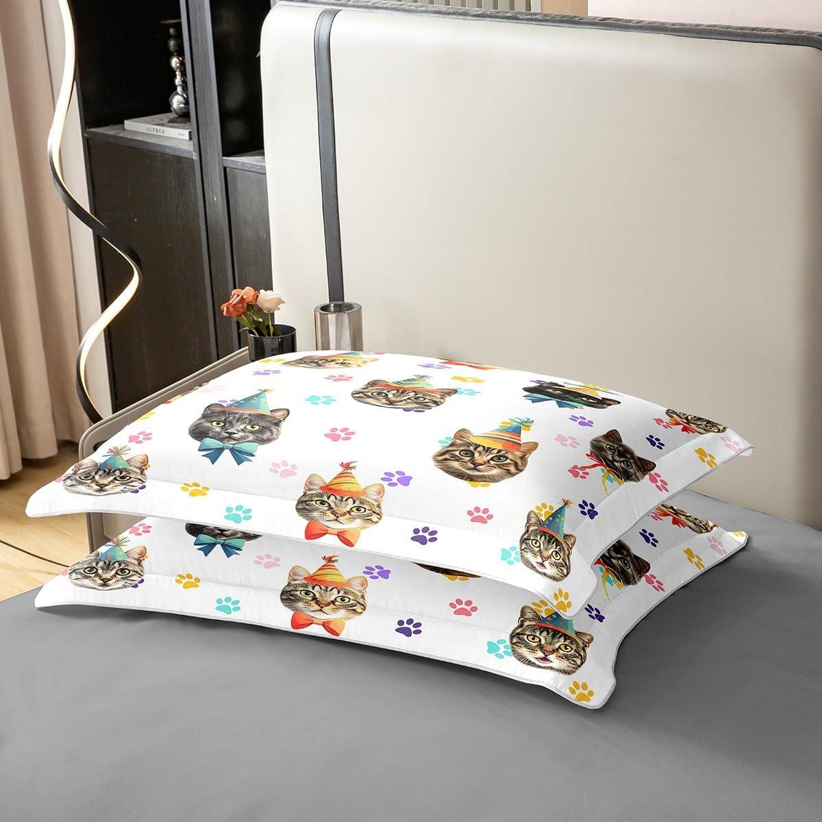 Cute Cat Head Kids 100% Cotton Duvet Cover Queen Size Lovely Colorful Kitty Paw Print Bedding Set for Boys Girls Teens Cartoon Birthday Hat Kawaii Animals Comforter Cover,2 Pillowcases,No Comforter