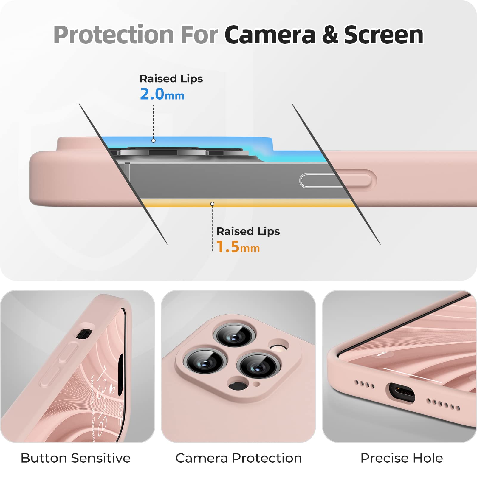 GOODVISH 3 in 1 Cover per iPhone 14 Pro Max Silicone per 6,7", con 2 Pezzi Pellicola Protettiva, iPhone 14 Pro Max Custodia per Cellulare Antiurto Resistente 360° Protezione, Rosa Sabbia