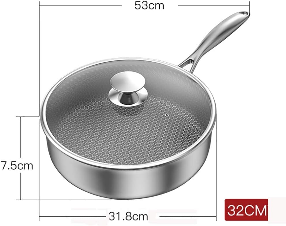 304 Stainless Steel Fry Wok/Frying Pan/Uncoated Non-Stick Pan/Cooking Pan with Lid (26/28/30/32cm),for Induction Cooker, Gas Stove (Size : 32cm)