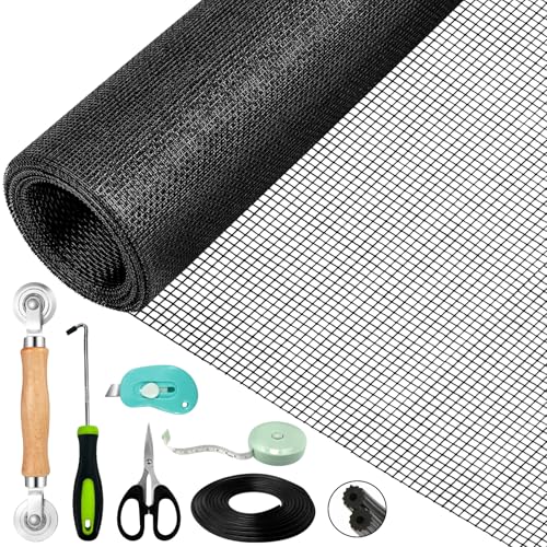 VTSHENY Fliegengitter Reparatur Set,Fliegengitter für Fenster (300 x 120cm - Schwarz),Fliegennetz&Mückennetz für Fenster mit 10Mx5mm Kederband/Doppelrad Dichtungseinroller/Kleines Messer/Haken/Maßstab