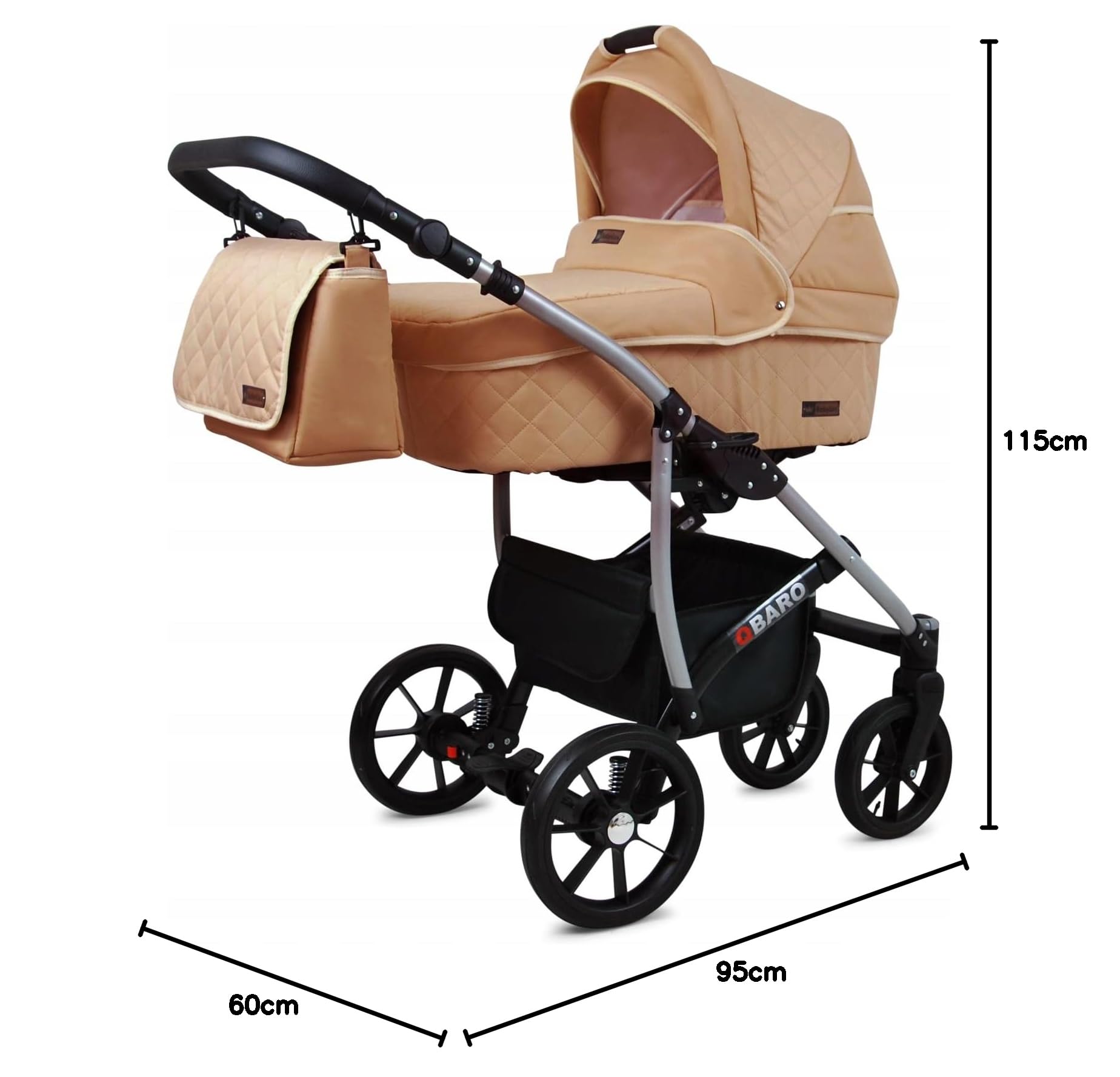 BabyLux Qbaro Wózek Dziecięcy 2w1 Głęboki i Spacerowy z Akcesoriami Regulowana i Składana Lekka Aluminiowa Konstrukcja 2 Opcje Montażu Wodoodporny Nieprzebijalne Koła Beige