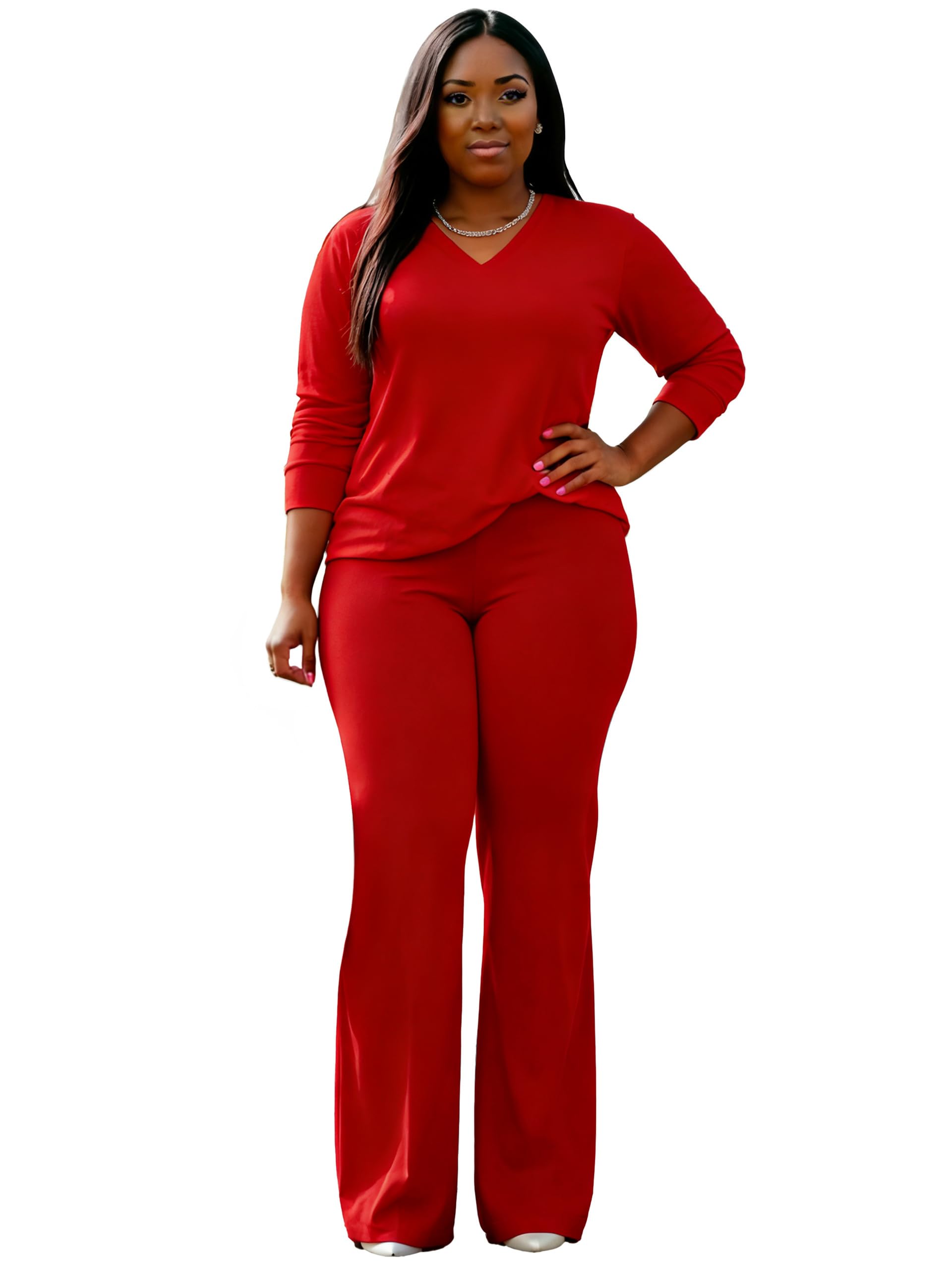 Women's Plus Size Two Piece Outfits Sweatsuits Sets Casual Long Sleeve Tops Baggy Wide Leg Pants Tracksuit Sets