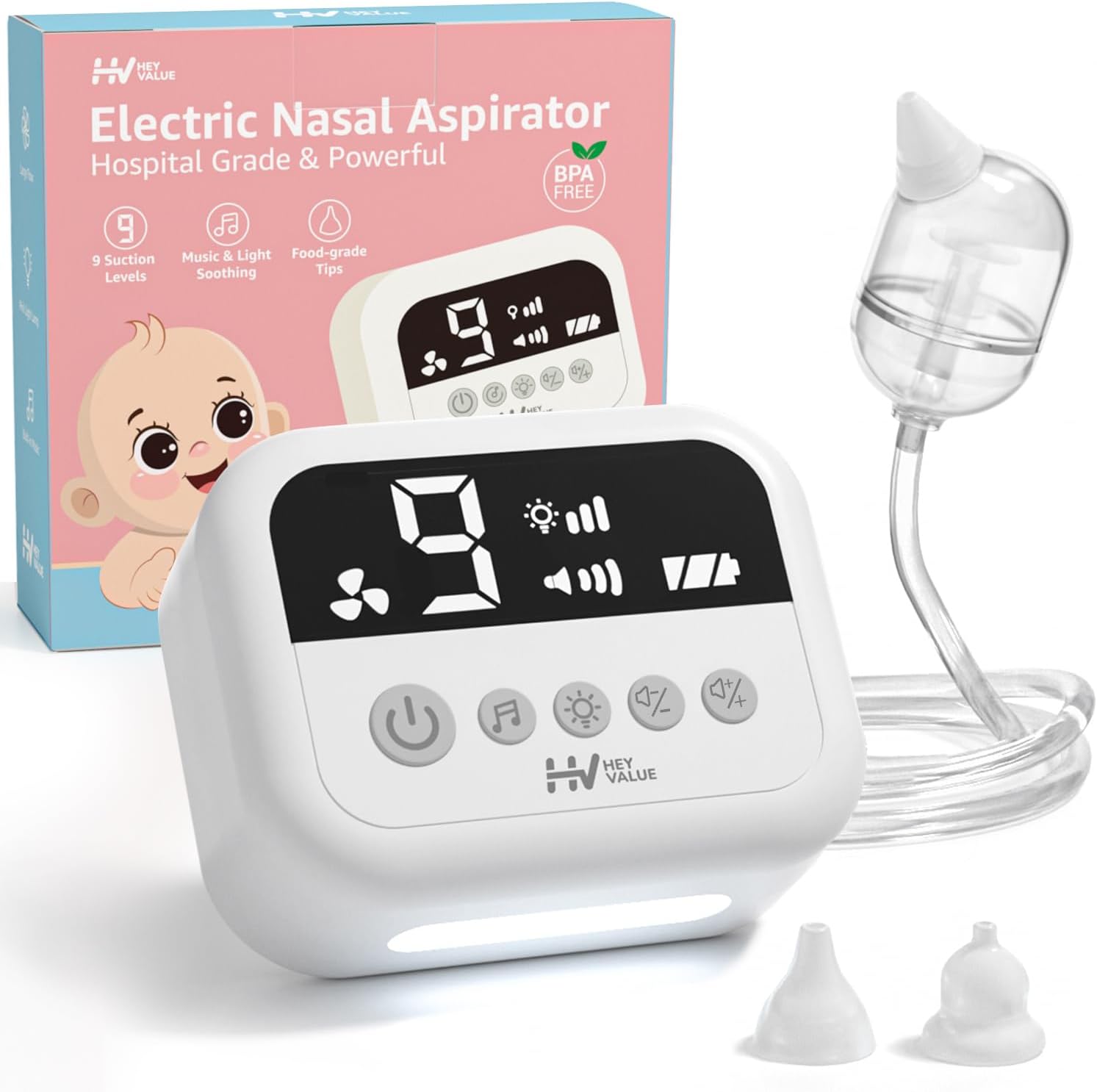 - HEYVALUE Nasal Aspirator for Baby, Hospital Grade Nose Sucker with 9 Levels Suction, Night Light and Nursery Rhyme Soothing Function, Electric Nose Suction for Baby with Food-Grade Silicone Tips