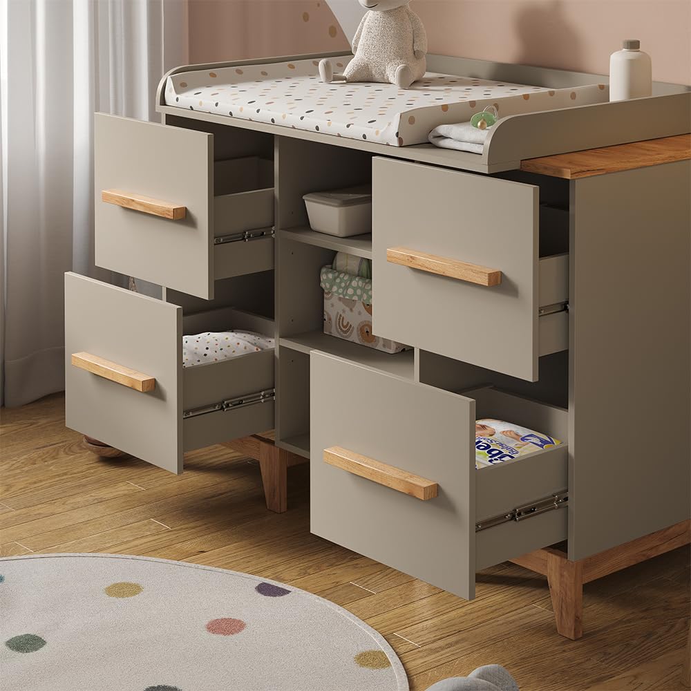 VitaliSpa Fasciatoio Malia, Cashmere/Artigianale, 133 x 98 cm | XL con 4 cassetti, con fasciatoio rimovibile per l'utilizzo come cassettiera