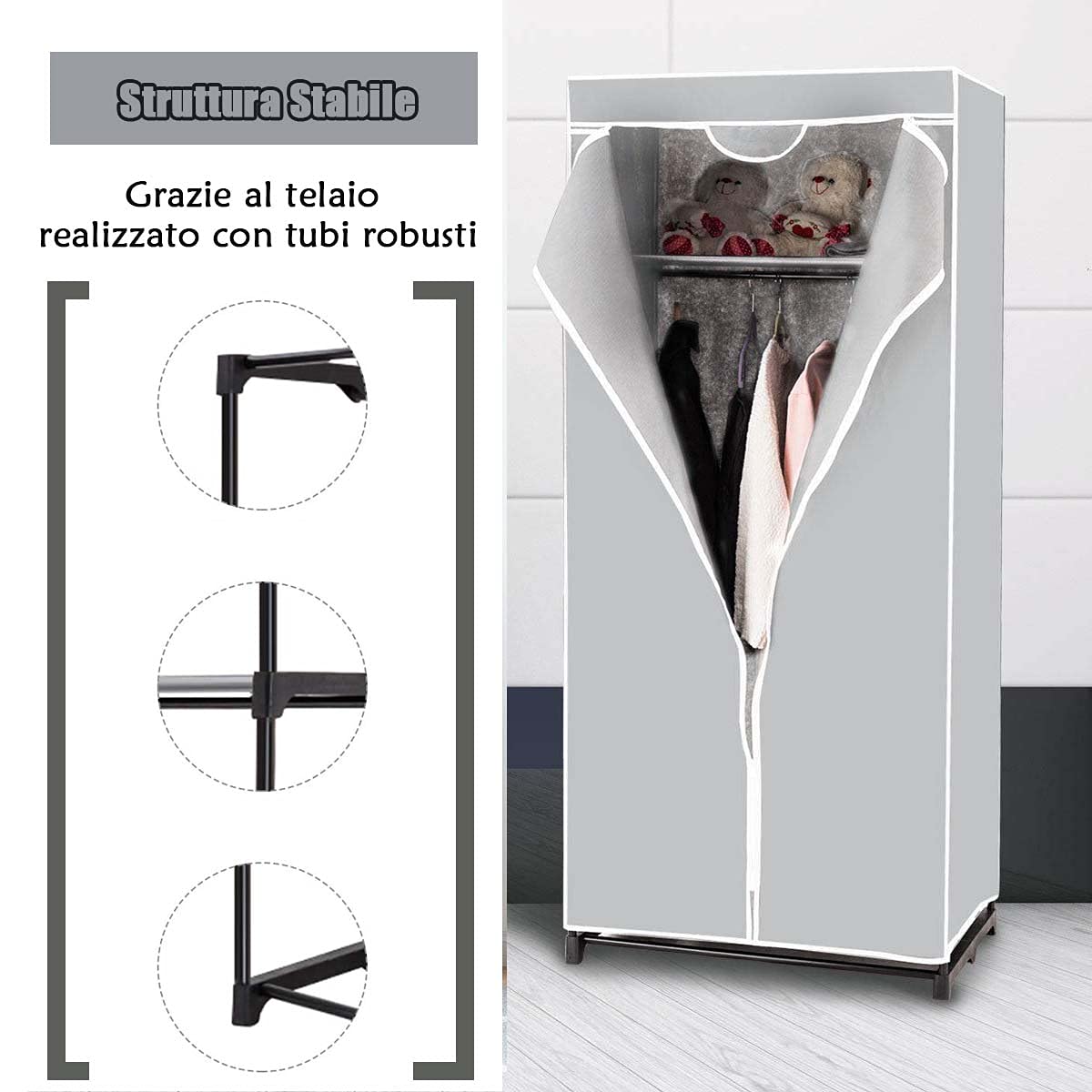 RELAX4LIFE Guardaroba in Tessuto, Armadio Appendiabiti Salvaspazio per Camera da Letto, Cabina Portabiti Richiudibile con Cerniera, Armadio Singolo per Vestiti, Abiti, Scarpe (Grigio)