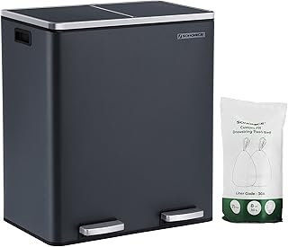 SONGMICS Pattumiera a Doppio Secchio Interno in Plastica per Riciclaggio, 2 x 30 Litri, Secchio della Spazzatura a Pedale Metallico e con Coperchi a Cerniera, Chiusura Morbida, Grigio LTB60GS