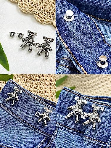Image of 2pcs Cute Bear Button Pins for Jeans Adjustable Teddy Bear Button Pins Waist Buckle for Loose Jeans Pants, Detachable Buttons for Jeans Waist Buckle No Need Sewing Waist Tightener Clip (Bear Silver)