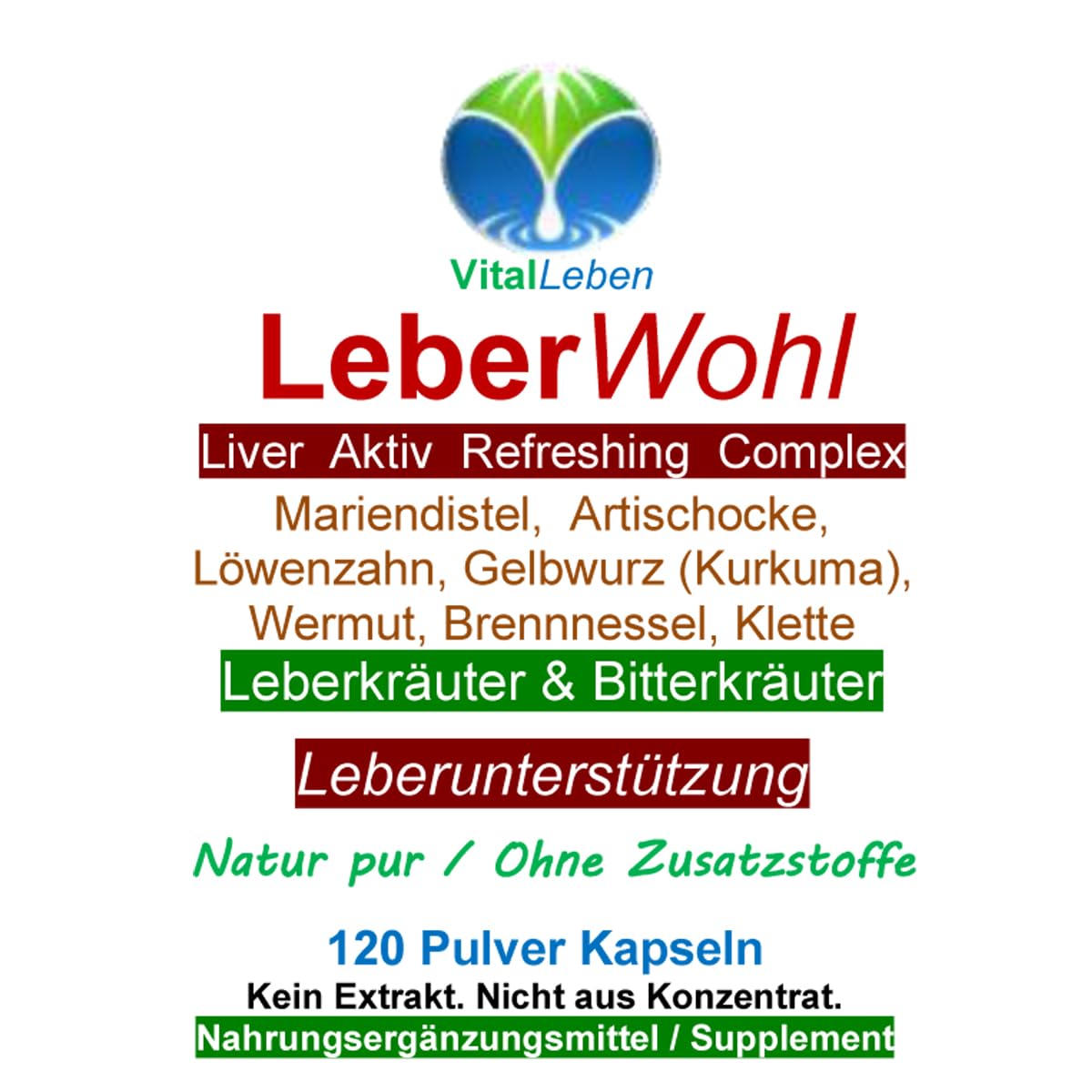 Leber Wohl 7 Leberkräuter & Bitterstoffe 360 (3x120) Kräuter Kapseln Leber Liver Refreshing Leberunterstützung NATUR pur OHNE Zusatzstoffe. 26482-3