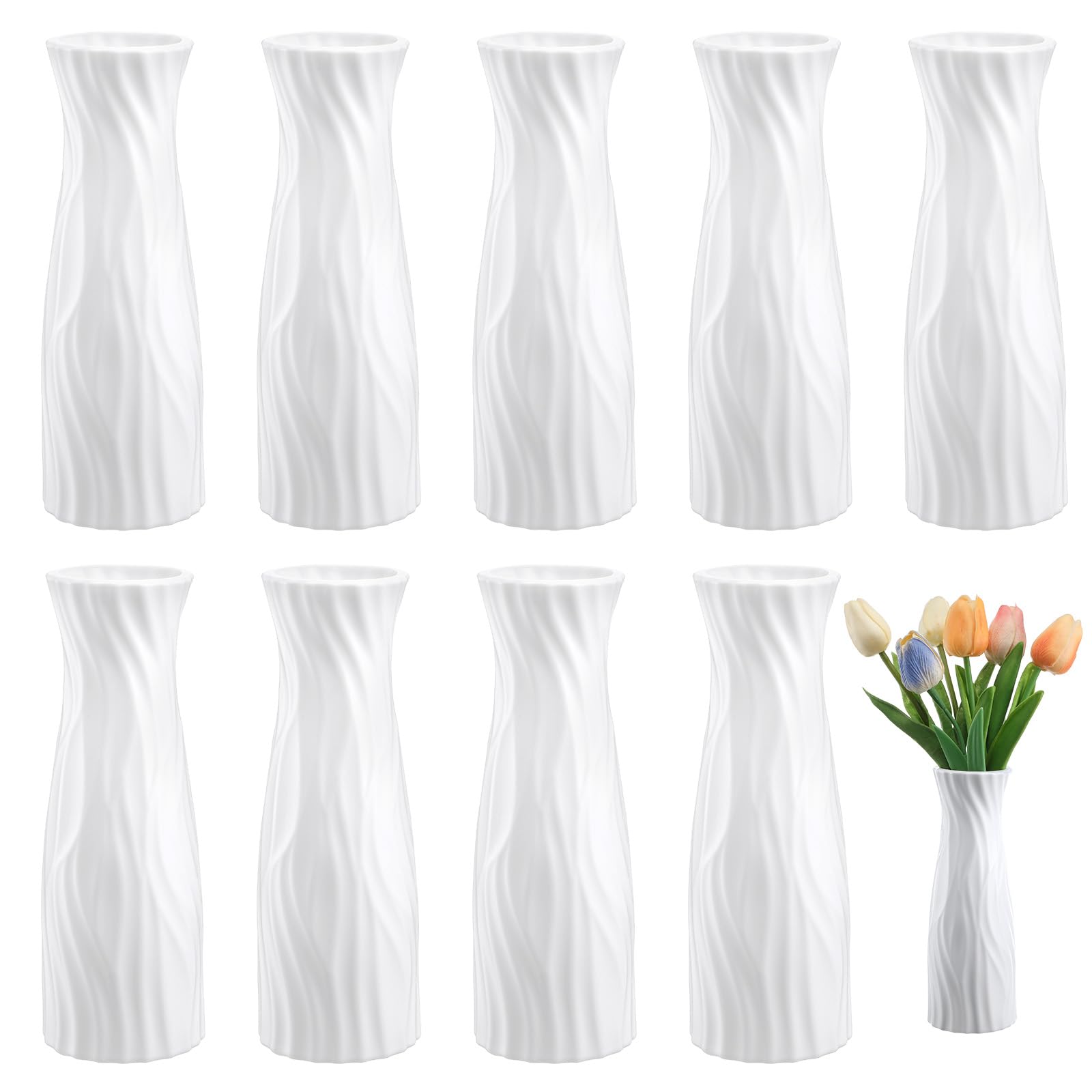 Photo 1 of 10 Pack White Composite Plastic Flower Vase Unbreakable Tall Conic Floral Vase for Wedding Party Living Room Home Decor Centerpieces