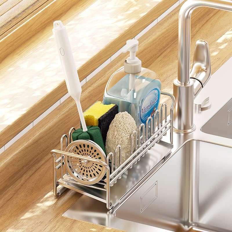 BEENLE Kitchen Sink Caddy Sponge Holder, 304 Stainless Steel Kitchen Sink Organizer for Dish Brush Soap Scrubber, Quick Draining (Silver)