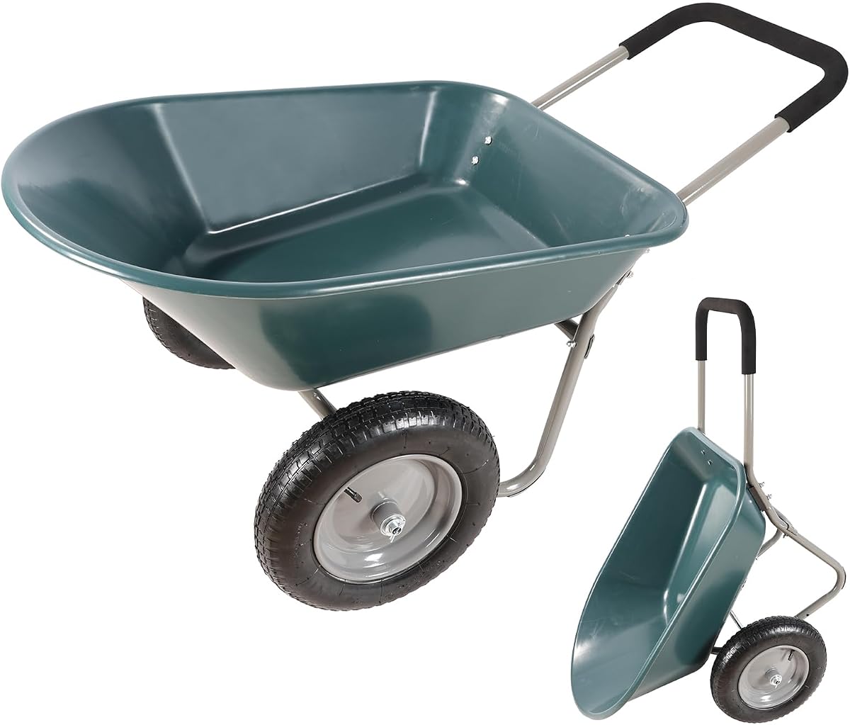 Carretilla de jardín de doble rueda, carro de jardín resistente con 15 neumáticos | Bandeja de polietileno inoxidable y mango de acero, carrito utilitario de capacidad de 300 libras para césped, granja y paisajismo (verde-15 pulgadas)