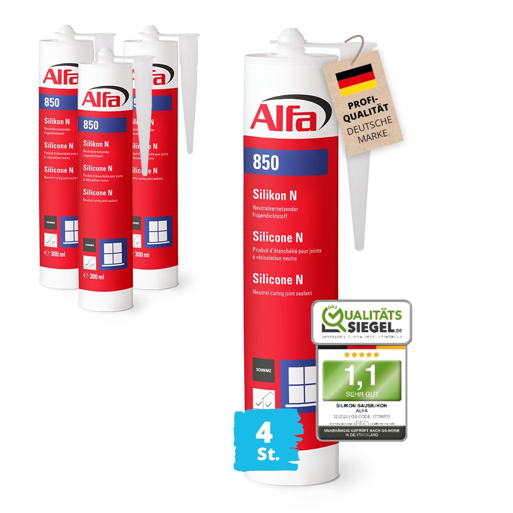 4x Alfa Silikon Schwarz Bausilikon zum Kleben und Abdichten Fugendichtstoff UV- und witterungsbeständiger Qualitäts-Dichtstoff