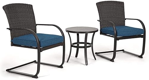 Miniatura 4 de Grand patio Juego de 3 piezas de bistró, juego de mesa de ratán para todo tipo de clima, sillas de mimbre mecedoras con cojines extraíbles y mesa de