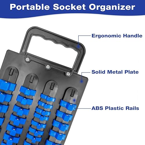 Miniatura 4 de Organizador de enchufes portátil con asa, bandeja de enchufes resistente con soportes y rieles extraíbles para enchufes SAE y métricos (80 unidades,