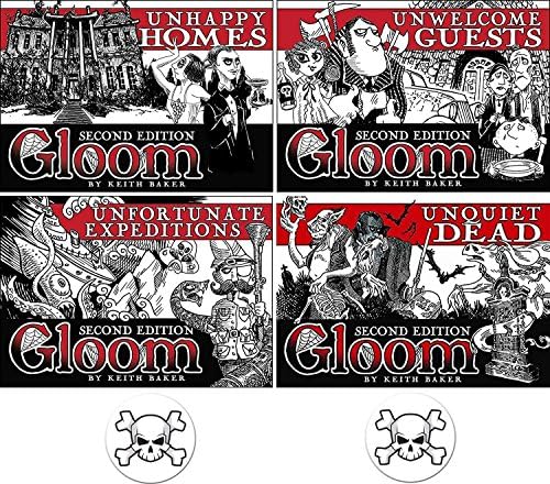 Gloom Bundle of 4 Expansions for The Card Game Unhappy Homes, Unwelcome Guests, Unfortunate Expeditions, and Unquiet Dead Second Edition Plus 2 Bonus Skull Buttons