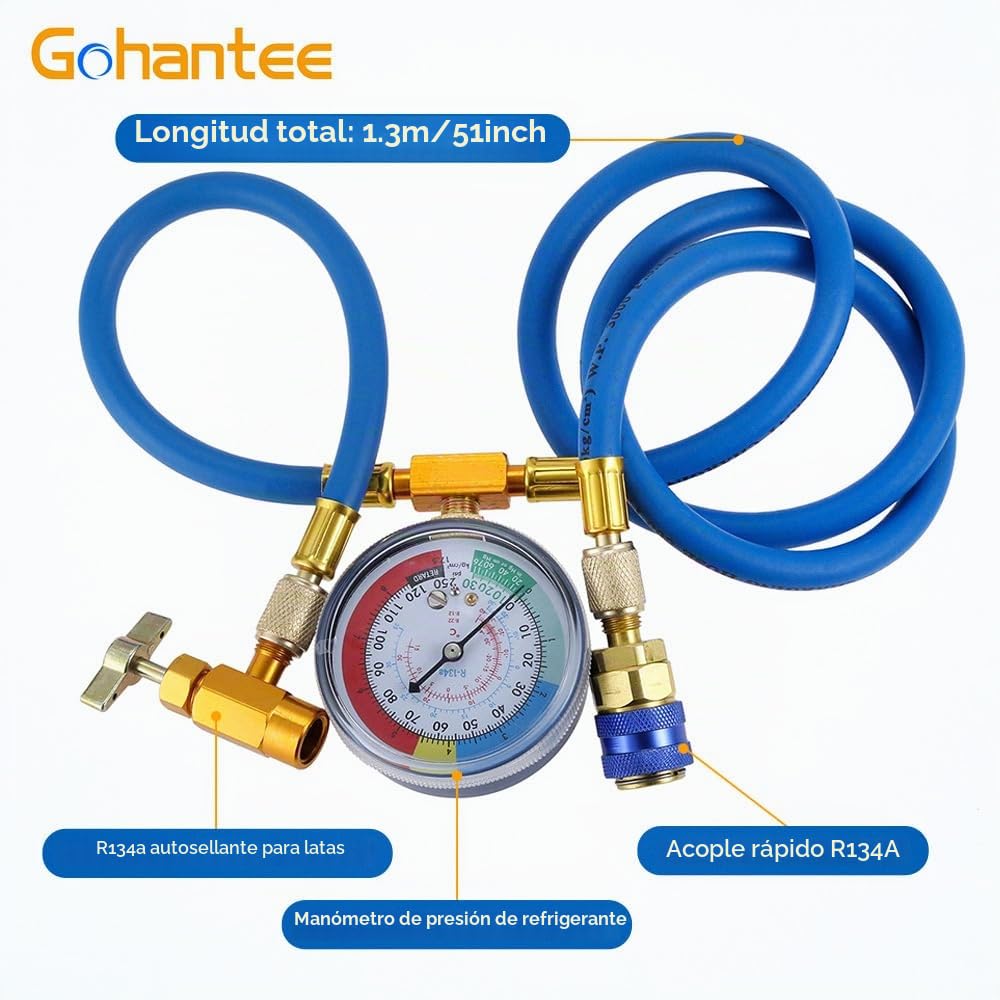 gohantee R134a Medición Kit de Manguera Recarga Aire Acondicionado con Manómetro y Grifo de Lata Autosellante, a Puerto de R-12/R-22, Acoplamiento Rápido de Lado Bajo R134a