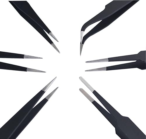 Miniatura 2 de AKOAK Juego de 6 pinzas ESD antiestáticas, pinzas de acero inoxidable para extensión de pestañas, electrónica, fabricación de joyas, pinzas de punta