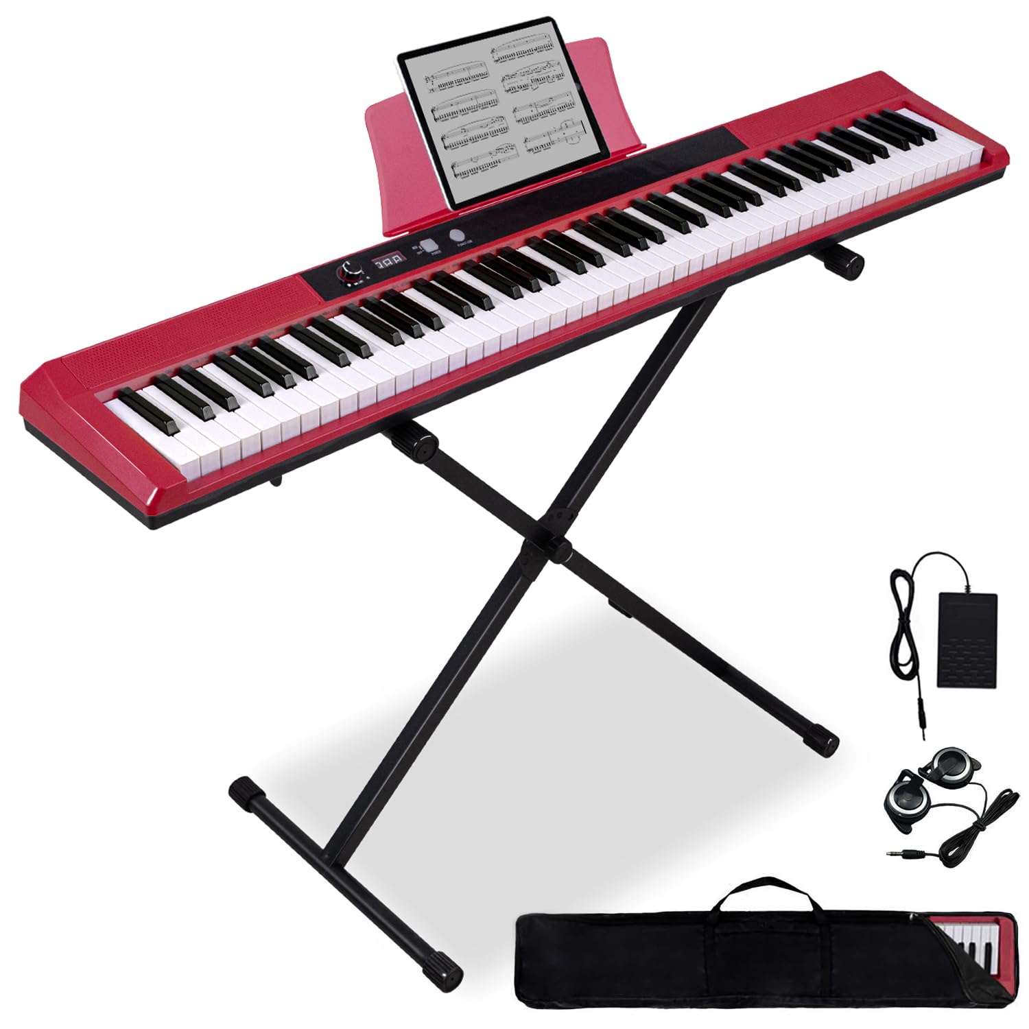 Photo 1 of **factory sealed***UISCOM 88 Key Piano Keyboard Beginner Electric Digital Piano with Full Size Semi Weighted Keys,Sustain Pedal, Power Supply, Stand, Carrying Case,Headphones (Red) U2001 Red