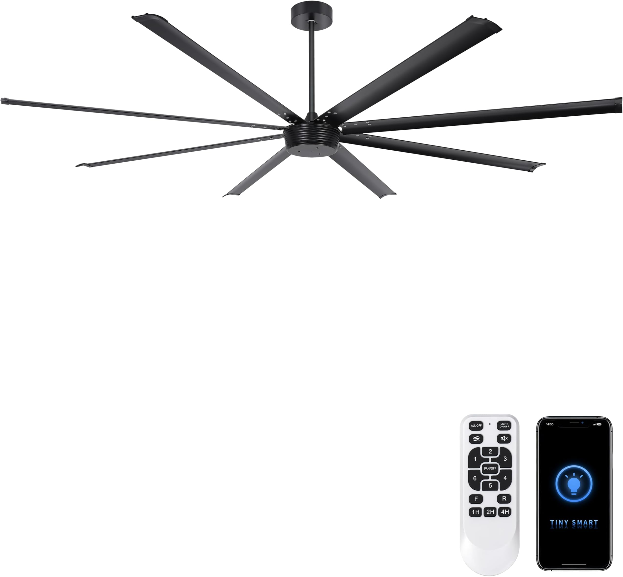 Ohniyou 96'' Industrial Ceiling Fan No Light - High CFM Large Metal Fan with 8 Aluminum Blades, Remote/APP Controlled, DC Motor, for Shop, Warehouse, Gym, Black