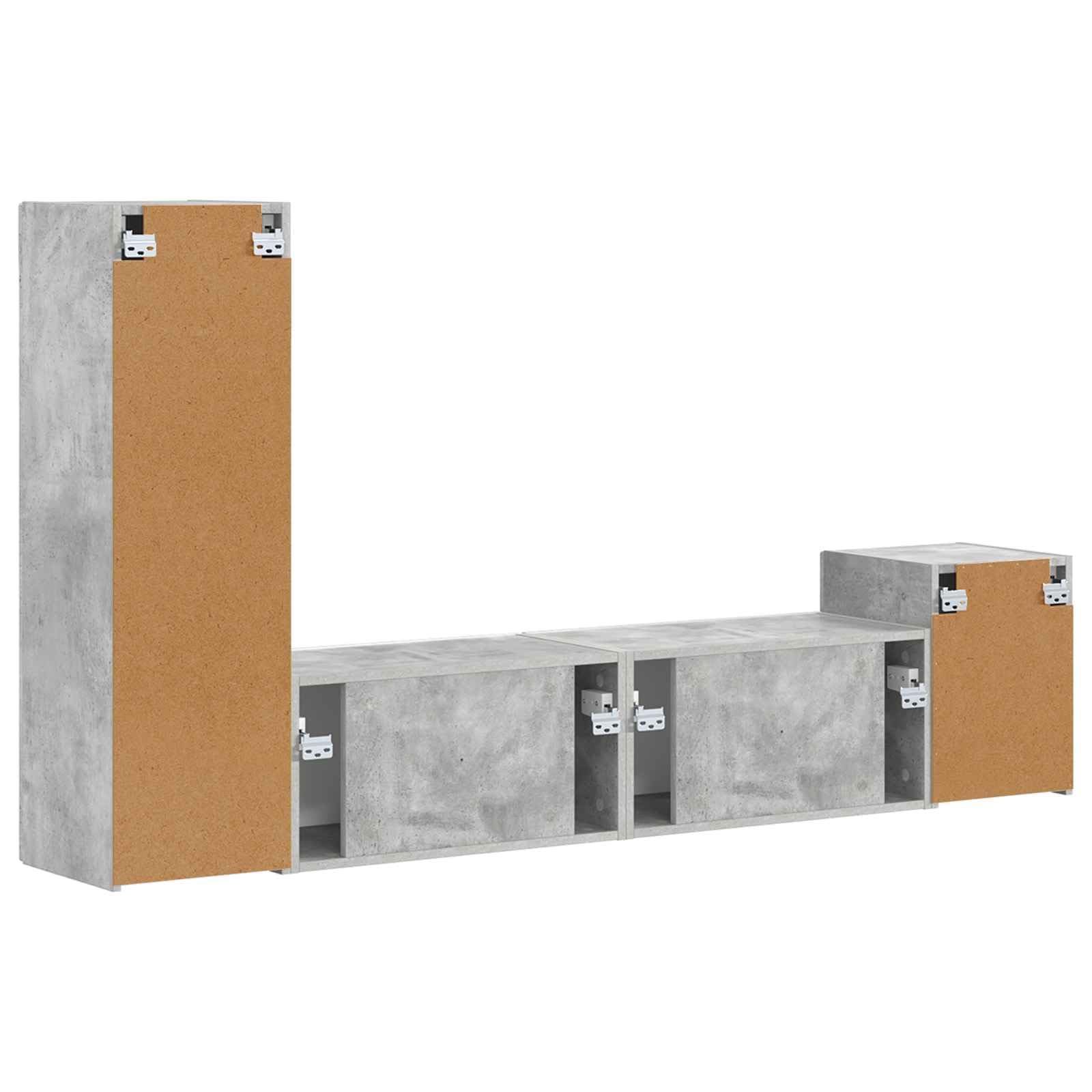 TV-Schrankset Wandmontiert, 4-teilig, Beton Grau Holzwerkstoff, Modernes Media Center für Wohnzimmer, Platzsparendes Design