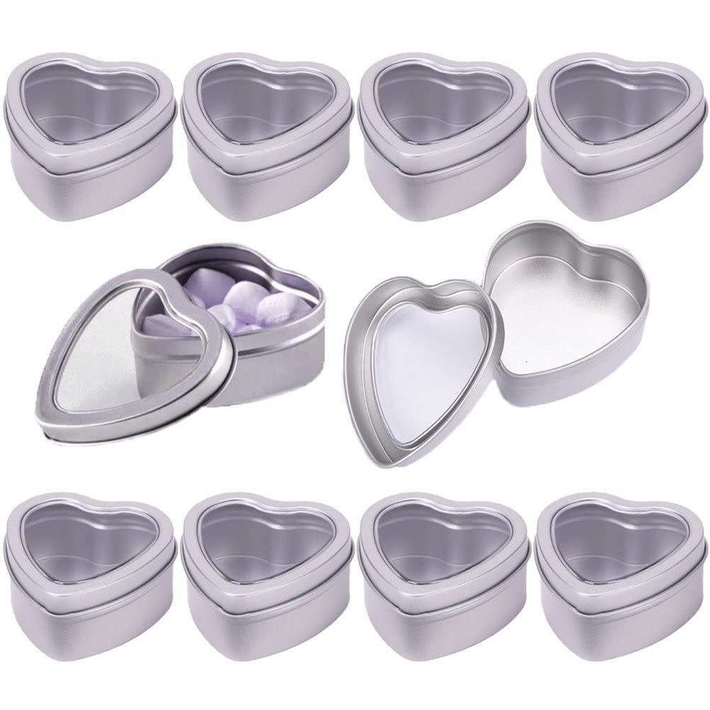 10 Pack Metal Tins, Heart Shaped Empty Tin Box with Lids, Candle Jars Gift Storage Container Cans with Clear Window for Candle Making, Candies, Treasures