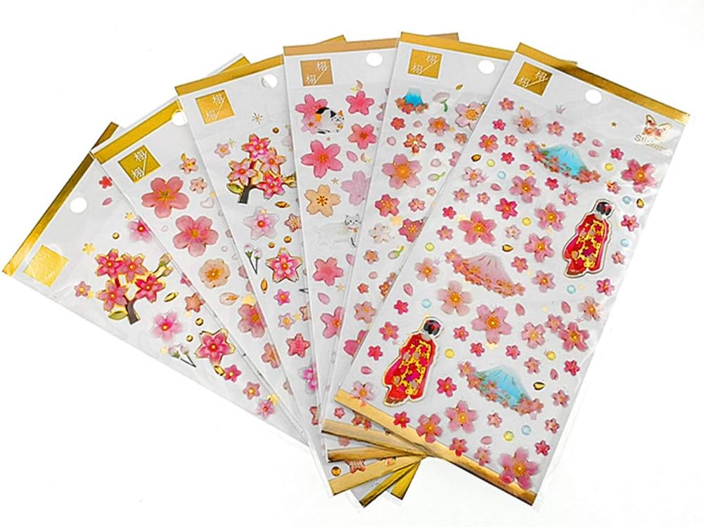 Kinteshun Sakura Scrapbooking Stickers,Japanese Style Self-adhensive DIY Decorative Cherry Blossoms 3D Epoxy Paster Decals Sticker for Scrapbooking or Card Making (6pcs with Different Patterns)