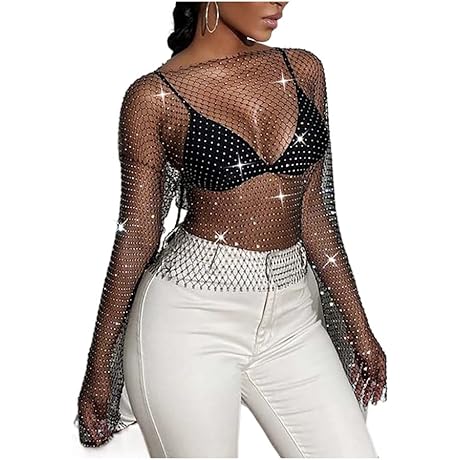 Black Rhinestone Fishnet Crop Top