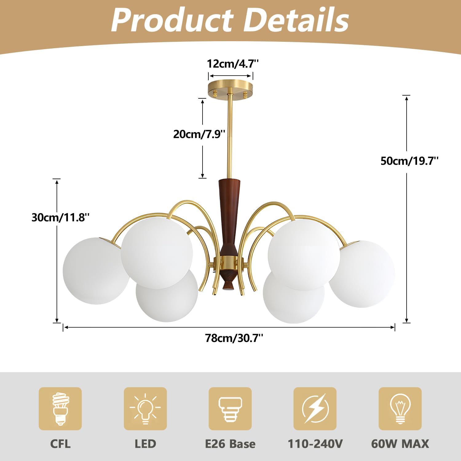 KCO Lighting 6 Light Gold Sputnik Light Fixture Vintage Brass Milk Glass Chandelier White Globe Pendant Lights Kitchen Island Modern Farmhouse Chandeliers for Dining Room