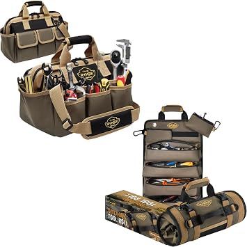 The Ryker Bag Khaki+Black Tool Organizer Bag Tool Roll Up Bag w/Detachable Pockets & 14 Inch Wide Mouth Tool Bag Organizer Small Tool Bag Heavy Duty Tool Bags for Men/Women
