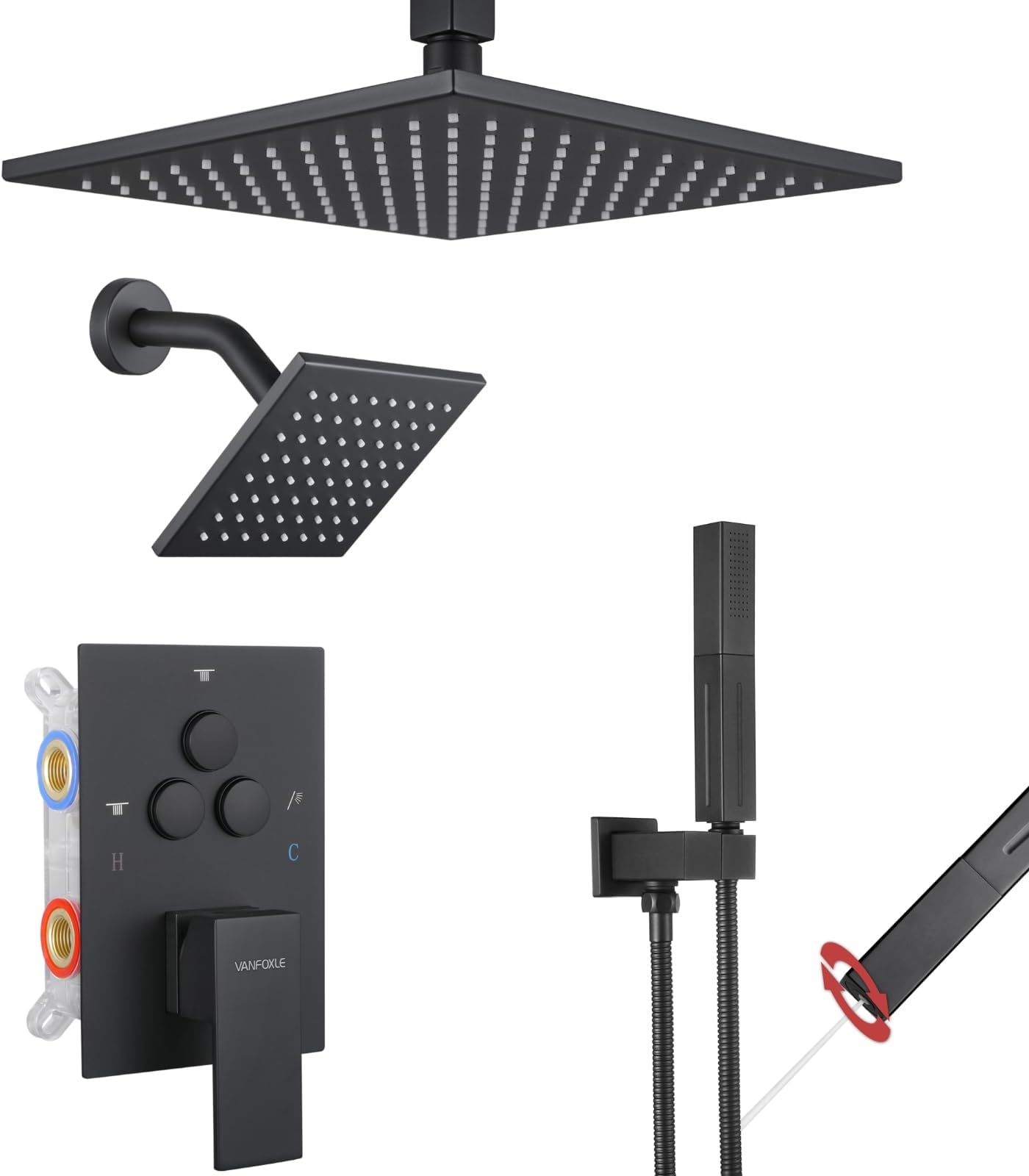 VANFOXLE Shower Faucet Set Matte Black Shower System,Push Button Diverter Shower Faucet with 2 in 1 Handheld,Ceiling Mount 10 Inch Shower Head with 6 Inch Wall Mount Shower Head