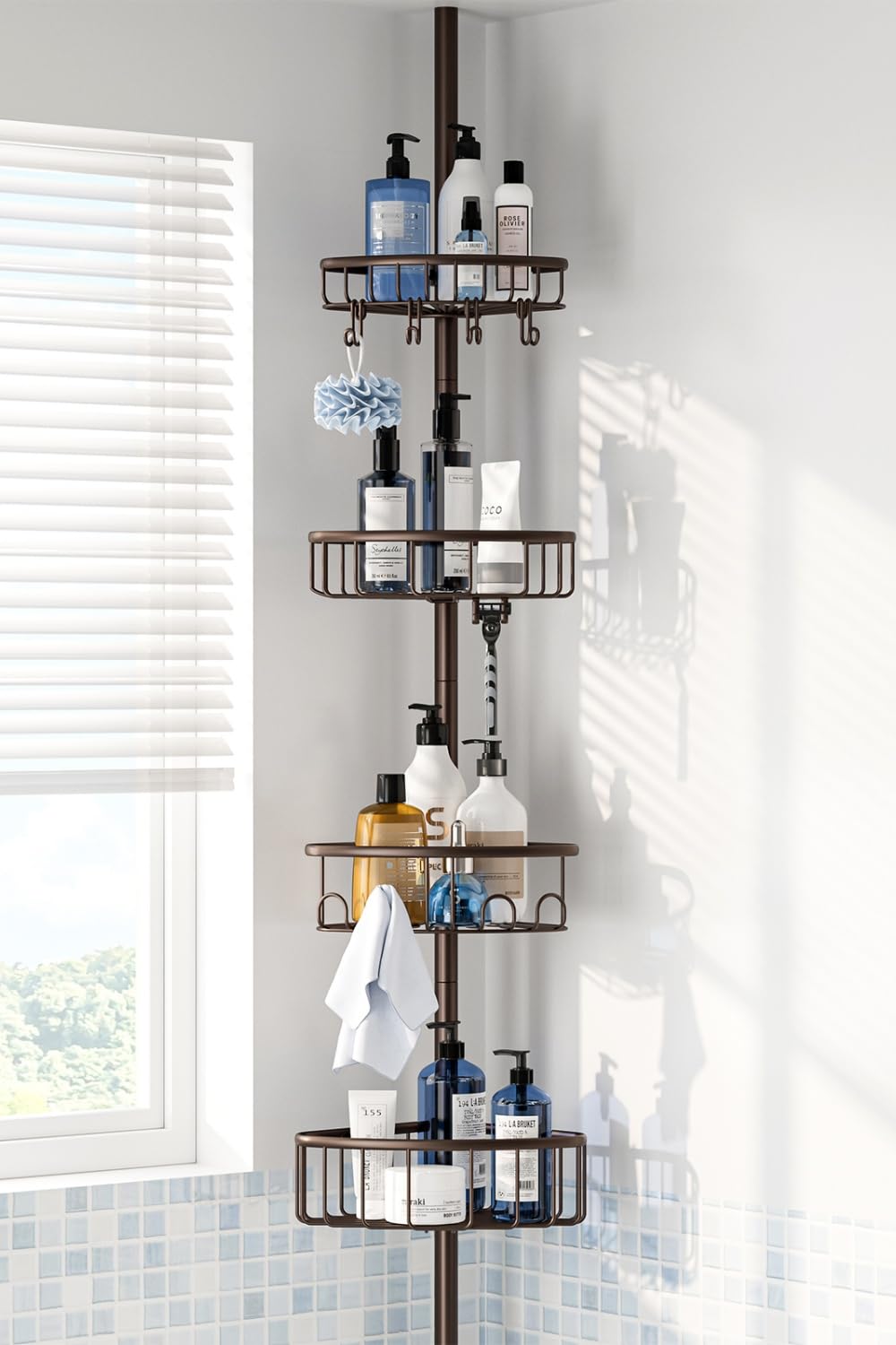 Photo 1 of Corner Shower Caddy Tension Pole: Stainless Steel Rustproof 4-Tier Shower Organizer - 47-121 inch Adjustable Bathroom Shelves for Bathtub Shampoo Storage - Tension Rod Floor Standing Bath Rack -Bronze