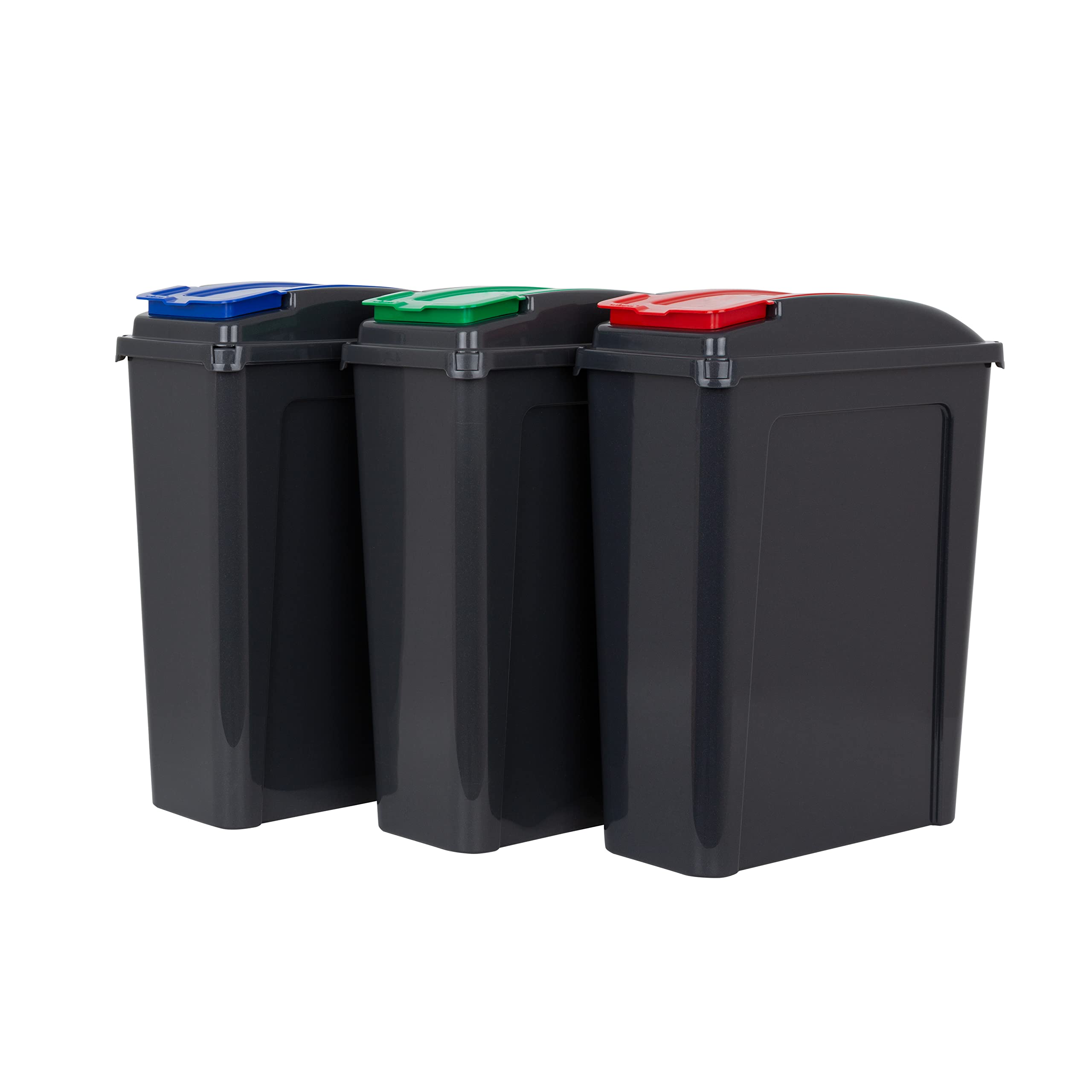 Wham 3 Piece 25L Plastic Recycle Bin Graphite/Assorted (Red/Blue/Green Lids)