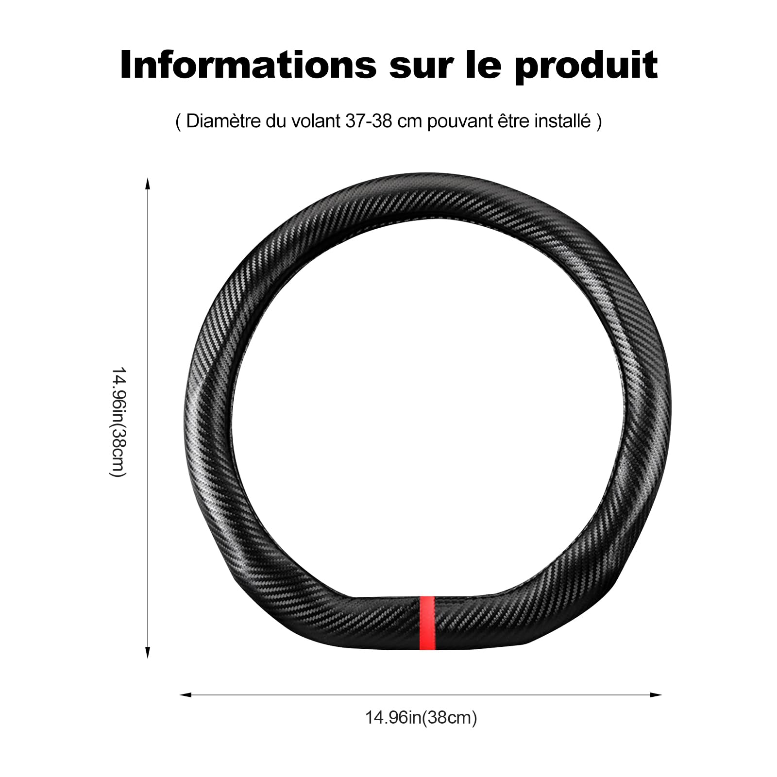 Ergocar Forme de D Matériau en Fibre de Carbone Couvre Volant Antidérapant Respirant Durable Universel Couvre Volant Voiture pour Diamètre 38cm(15 ") en Forme de D-Ondulation Noire
